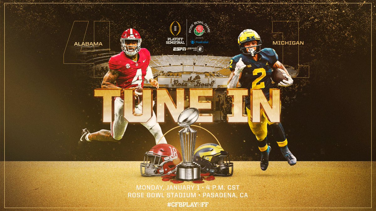 CFBPlayoff's tweet photo. A 3x #CFBPlayoff champ vs. a top-ranked team seeking its first. Who'll win the @rosebowlgame &amp; head to Houston for the #NationalChampionship?
 
1️⃣ @UMichFootball 🆚 4️⃣ @AlabamaFTBL
🏟️ @RoseBowlStadium
🕰 5 pm ET
📺 @ESPN
📱 ESPN app  » https://t.co/nLy8bzR4Qt 

#GoBlue #RollTide https://t.co/PspzNbEIcS