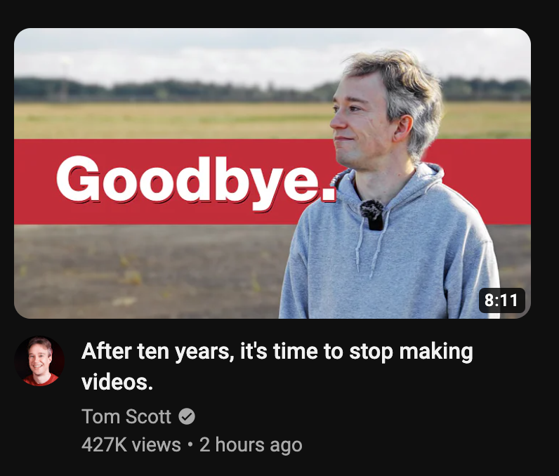 Tom Scott'un mükemmel vedasından sonra kaliteli YouTube kanalı arayışında olanlar için  favori kanallarımı listeledim 🧵(1 / 10)

Hiçbiri Tom Scott kadar kısa videolar paylaşmıyorlar ancak hepsinin kalitesinin arkasında sonuna kadar dururum.