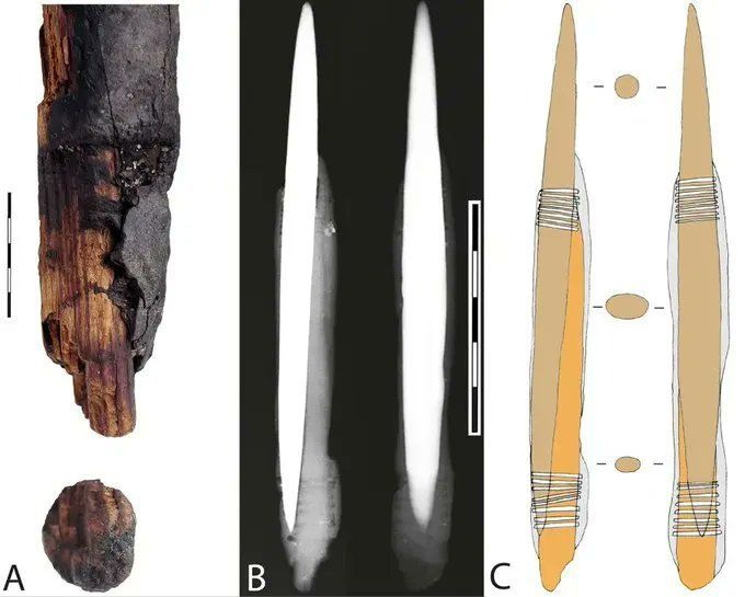 A complex instrument from the #Mesolithic discovered in Poland, likely a projectile point that stayed fixed to wooden shaft during impact. 

Damage to the point suggests it was used over a long period - highly durable and efficient! #MesolithicMonday 

🆓 buff.ly/3HHBAak