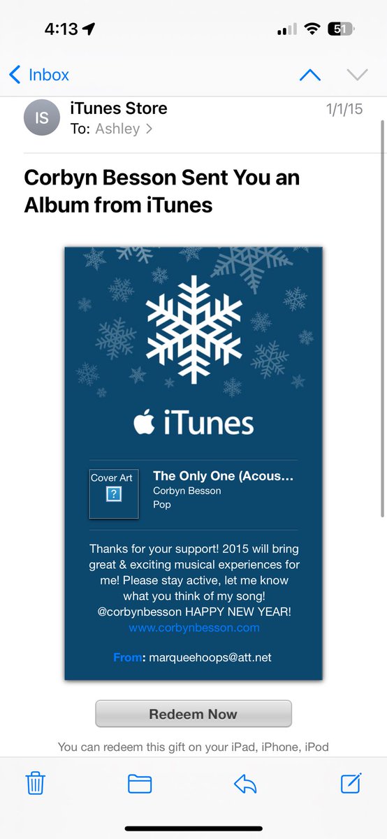 tragicsashley's tweet photo. @corbynbesson happy 2024! Here’s a screenshot of when you sent me your first song back on 1/1/15! I bet this year is gonna be a big one for you🩵🎆 https://t.co/2BILFxkBAY