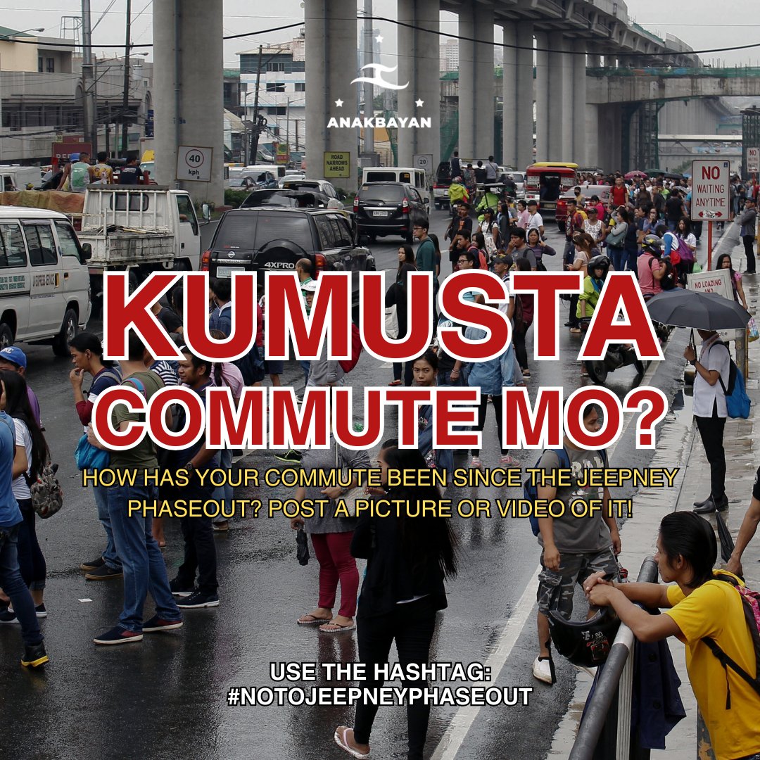 anakbayan_ph's tweet photo. KUMUSTA COMMUTE MO?
How has your commute been since the jeepney phaseout? Share a picture or video of it!
USE THE HASHTAG:
#NoToJeepneyPhaseout https://t.co/OyAxzAP030
