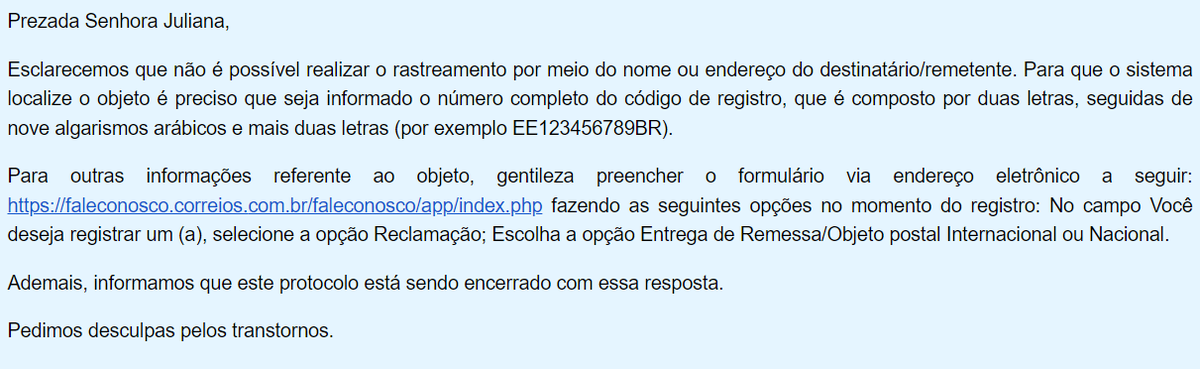 Minha encomenda supostamente chegou ao Brasil em 11 de dezembro. Hoje, após inúmeras tentativas de contato, manifestação e intervenção da auditoria, essa é a "resposta" que os <a href="/correiosBR/">Correios do Brasil</a> mandaram. É um descaramento e um nível de sordidez que nunca vi!
