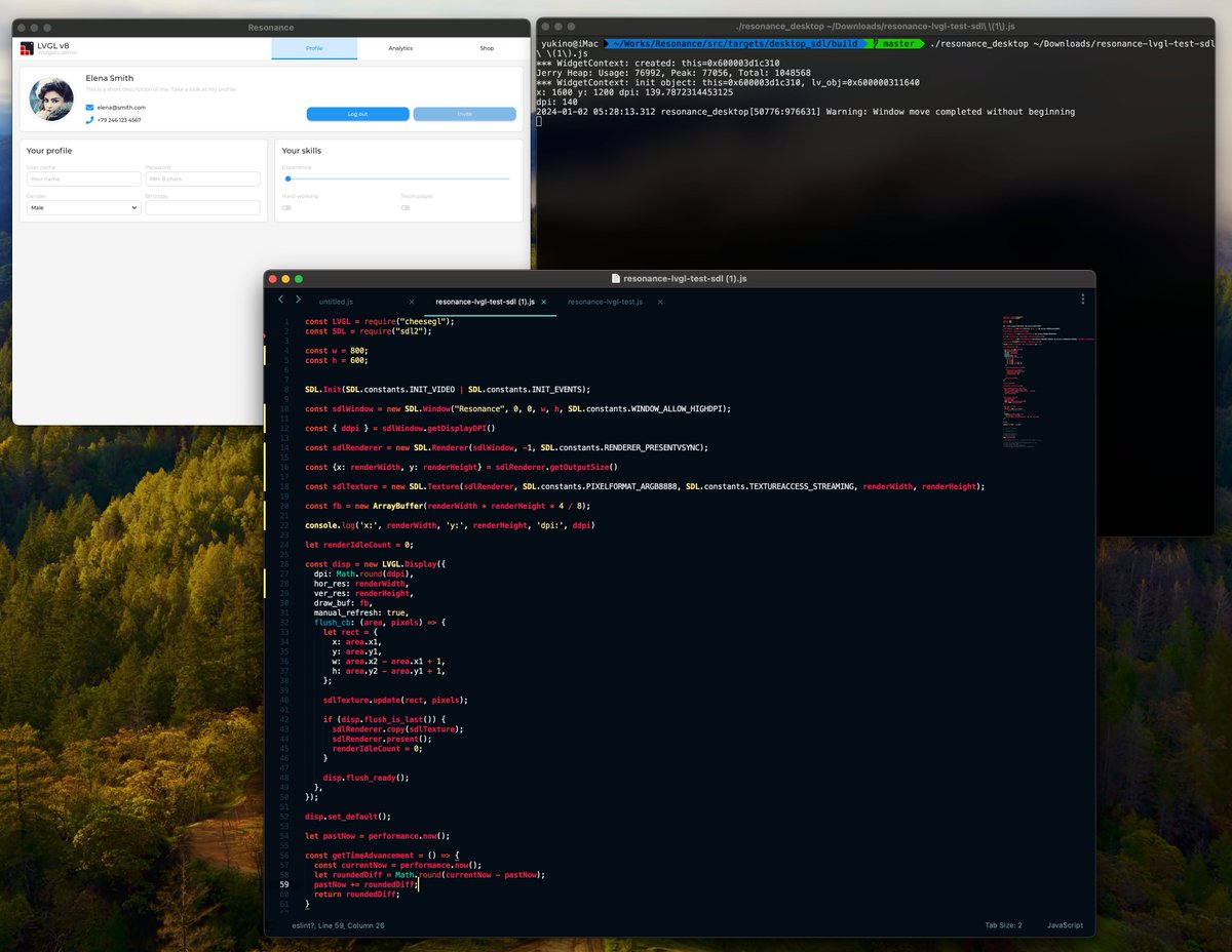 ClassicOldSong's tweet image. It&apos;s working! #LVGL rendering on #SDL2 window running on macOS configured entirely in #JavaScript using #Resonance with HiDPI configured correctly!

You can&apos;t imagine how easy it is to connect all these pieces of technology together with JavaScript only.

Window size configured…