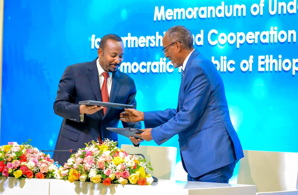 Republic of Somaliland and the Fedeal Democratic Republic of Ethiopia signed a Memorandum of Understanding (MoU) today. In the MoU, Ethiopia officially recognises the Republic of Somaliland while Somaliland grants naval and commercial sea access on lease to Ethiopia for 50 years.