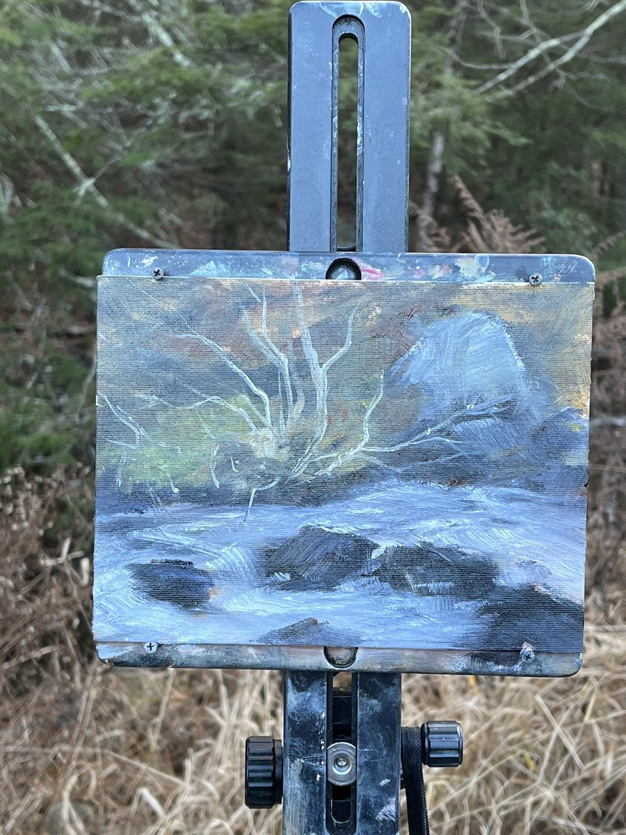 Whilst the kids ski and ‘my luv’  @tammy215 and friend @jenny__inge sit in the lodge I’m out having a great time getting cold, painting on my #flyonthewalleasel  by @prolificpainter and enjoying Gods glorious planet at @skisundown #pleinair #oilpainting #oiloncanvasboard