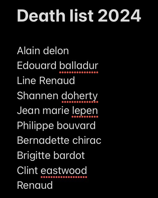 Tradition du 1er janvier,
J’ai préparé ma #deathlist2024
J’ai eu qu’un point l’an dernier avec Claude sarraute… 🥲