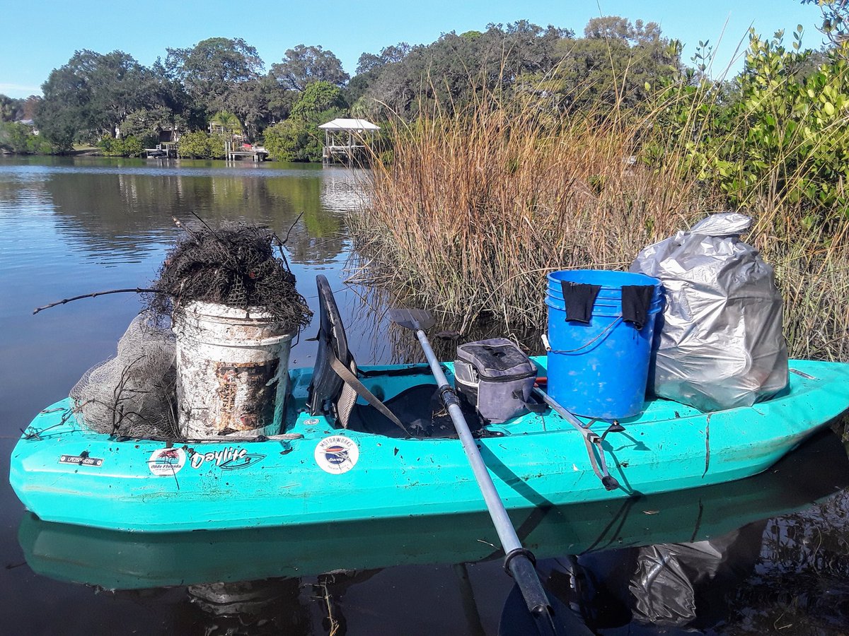 TJRPitt's tweet photo. Pulled 3 separate fishing nets off the bottom of Clearwater's Stevenson creek today + a bucket & 1 dirty Earthcleanup🌎 bag of Litter.
And instead of "Let's Reuse and Recycle", how about "Just Refuse" #plasticpollution!🤚 https://t.co/fpp8JyDBR0