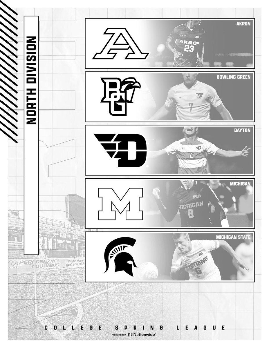 ℕ𝕆ℝ𝕋ℍ 𝔻𝕀𝕍𝕀𝕊𝕀𝕆ℕ

Introducing the 2024 North Division:
<a href="/ZipsMSoc/">Akron Zips M Soccer</a> 
<a href="/BGSUMSoccer/">BGSU Men's Soccer</a> 
<a href="/DaytonMSoccer/">Dayton Men’s Soccer</a> 
<a href="/umichsoccer/">Michigan Men's Soccer</a> 
<a href="/MSU_MSoccer/">Michigan State Men's Soccer</a> 

#CollegeSpringLeague