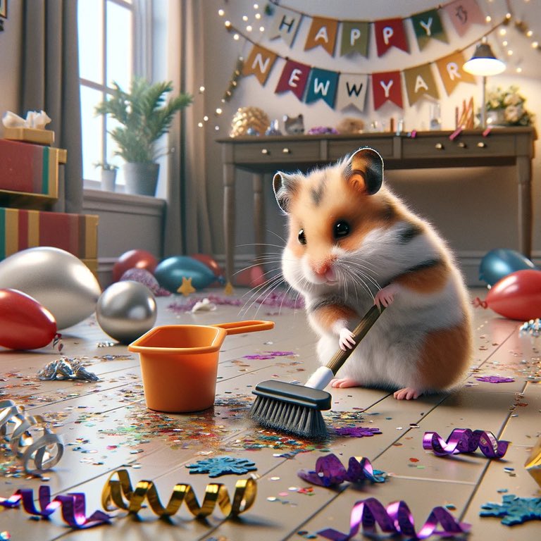 🎉New Year, New Me 🐹 and I'm still cleaning up after my act... and everyone else's! #HamsterLife #PartyCleanup #NewYearsResolution #AIArtwork #DALLE3 #AIArtCommuity