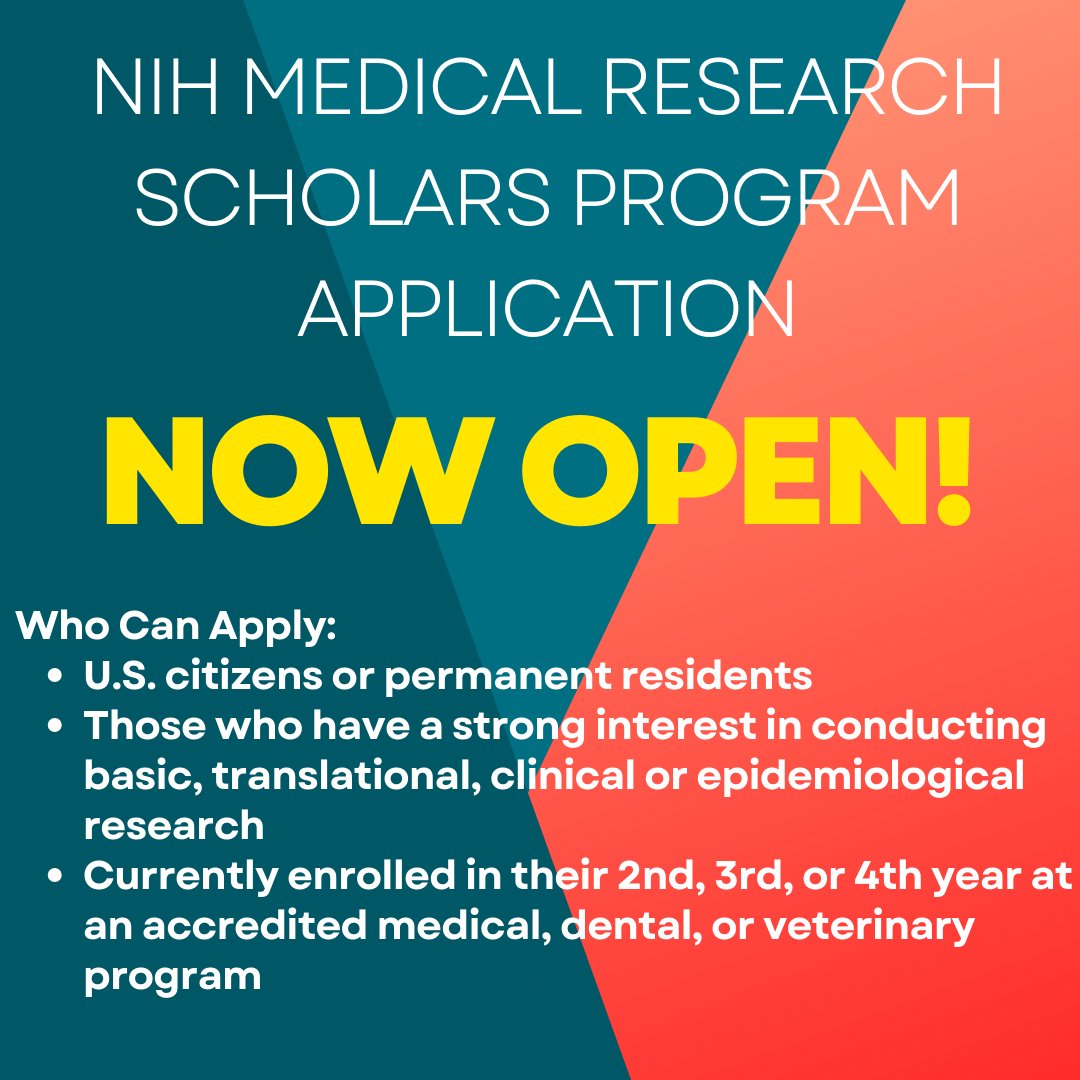 LAST REMINDER: 🔬👨‍⚕️ The NIH Medical Research Scholars Program is now accepting applications for the 2024-2025 MRSP class until January 5, 2024. 📅. Learn more: cc.nih.gov/training/mrsp 🌟 #NIHMRSP #BiomedicalResearch #ClinicalScientists