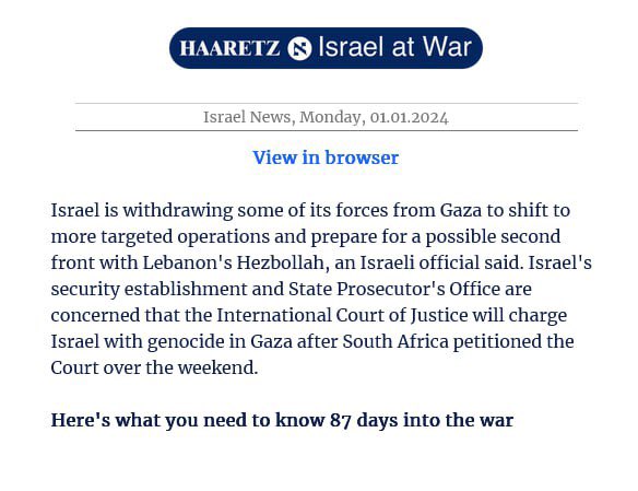 valy_s's tweet photo. Secondo #Hareetz🇮🇱, #Israele starebbe per ritirare alcune forze da #Gaza per passare ad azioni più “mirate”e prepararsi ad un 2º fronte contro #Hezbollah

Inoltre Sicurezza e Pubblico Ministero temono che #CPI accuserà #Israele di genocidio a seguito della petizione del Sudafrica https://t.co/Avpxu6mVVQ
