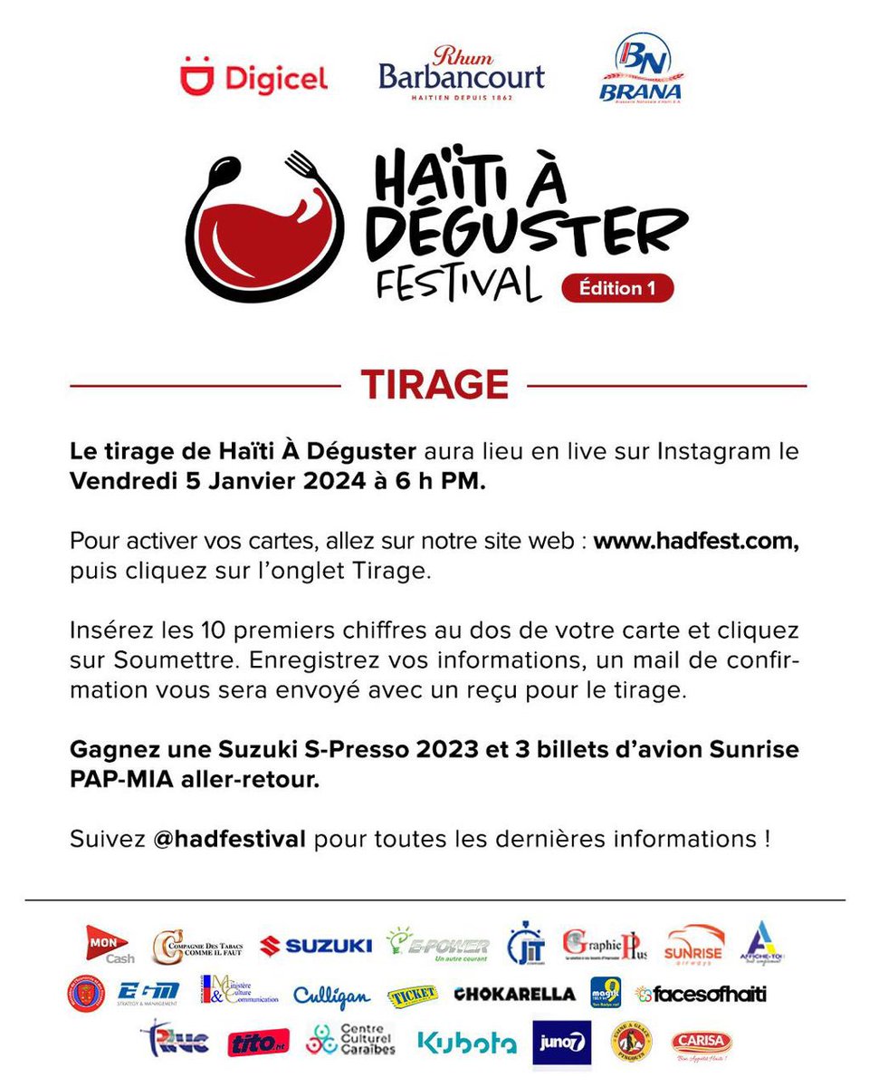 TICKETmaghaiti's tweet photo. Le moment tant attendu est arrivé ! Activer vos cartes en vous rendant sur note site web https://t.co/1i6nrErdYB pour participer au tirage qui aura lieu le vendredi 5 janvier 2024. #Hadfest #HaïtiÀDéguster #haitianfoodfestival #GagnezEnParticipant https://t.co/4zRC70OIsA