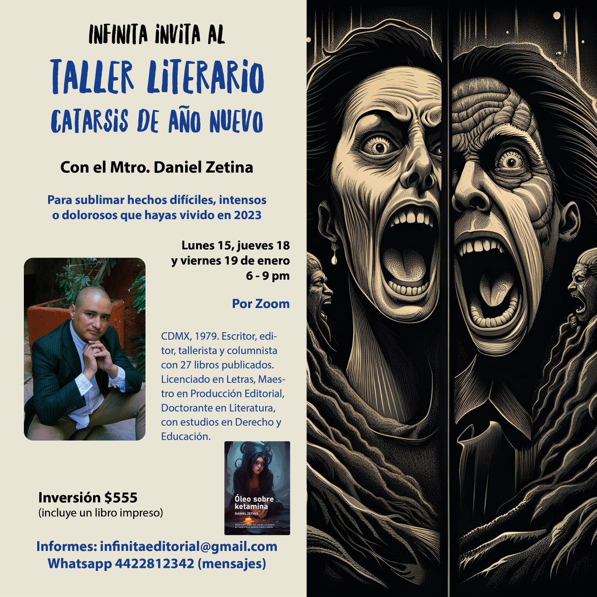 Infinitaeditor's tweet photo. Taller literario catarsis de año nuevo,
para escribir temas difíciles,
con enfoque en tu persona
Inscríbete: infinitaeditorial@gmail.com https://t.co/zjMxthUsUK