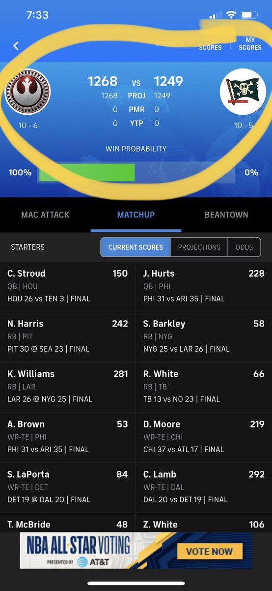 emacdev's tweet photo. @NFLFantasy I was cooked until Najee and Butker did their thing. Butkers last minute FG put me over the top! https://t.co/NTvYwbxHkJ