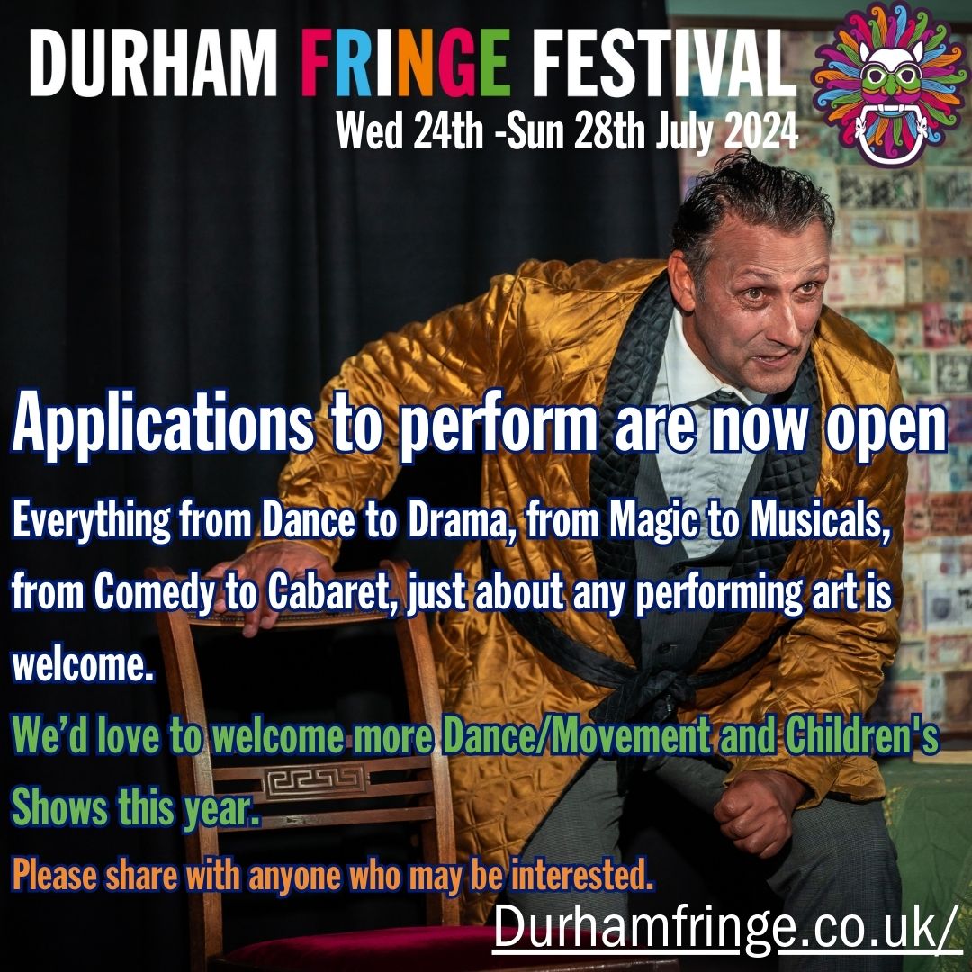 Calling all performers! Applications for Durham Fringe 2024 are now open! Don't miss your chance to be a part of this vibrant celebration.

Apply at durhamfringe.co.uk

#thisisDurham #visitDurham #Fringe #PerformersWanted #ArtsInDurham #ApplyNow #DurhamFringeFestival2024