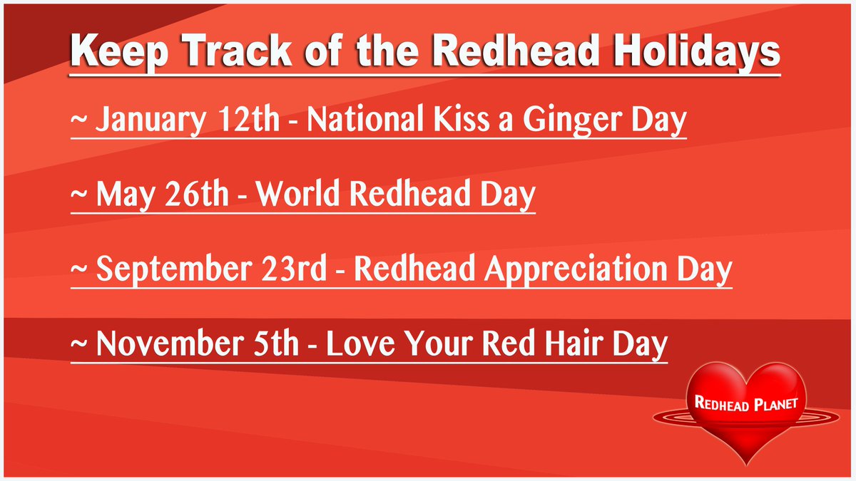 RedheadPlanet's tweet photo. Hello 2024! Here is a list from Redhead Planet to help you keep track of all the Redhead Holidays throughout the year. #teamredhead #redheadplanet #hello2024 #redheadholidays https://t.co/oWNrifLiiC
