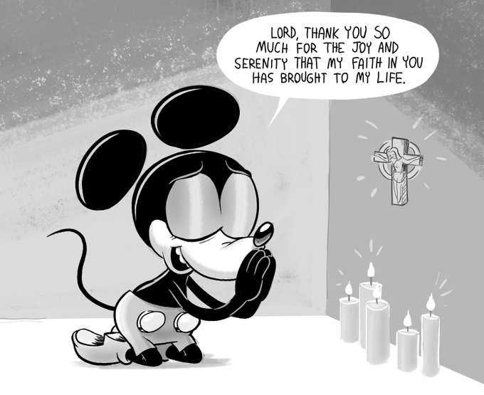 Man you guys, now that Mickey Mouse is public domain I can finally draw him doing the most TRANSGRESSIVE, FUCKED UP SHIT!!!   ...But that would be mean, so here is a wholesome image of Mickey humbly worshipping the Christ Yeshua 😌🙏