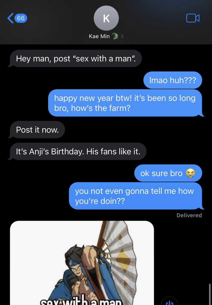 AleksLeVO's tweet photo. i took over as the voice actor for Anji Mito from Guilty Gear Strive for my buddy Kae Min back in April

haven’t heard from this dude since then &amp; he just texts me this today…

so happy birthday to Anji i guess 😕 #GGST https://t.co/vz2QJMOxMu