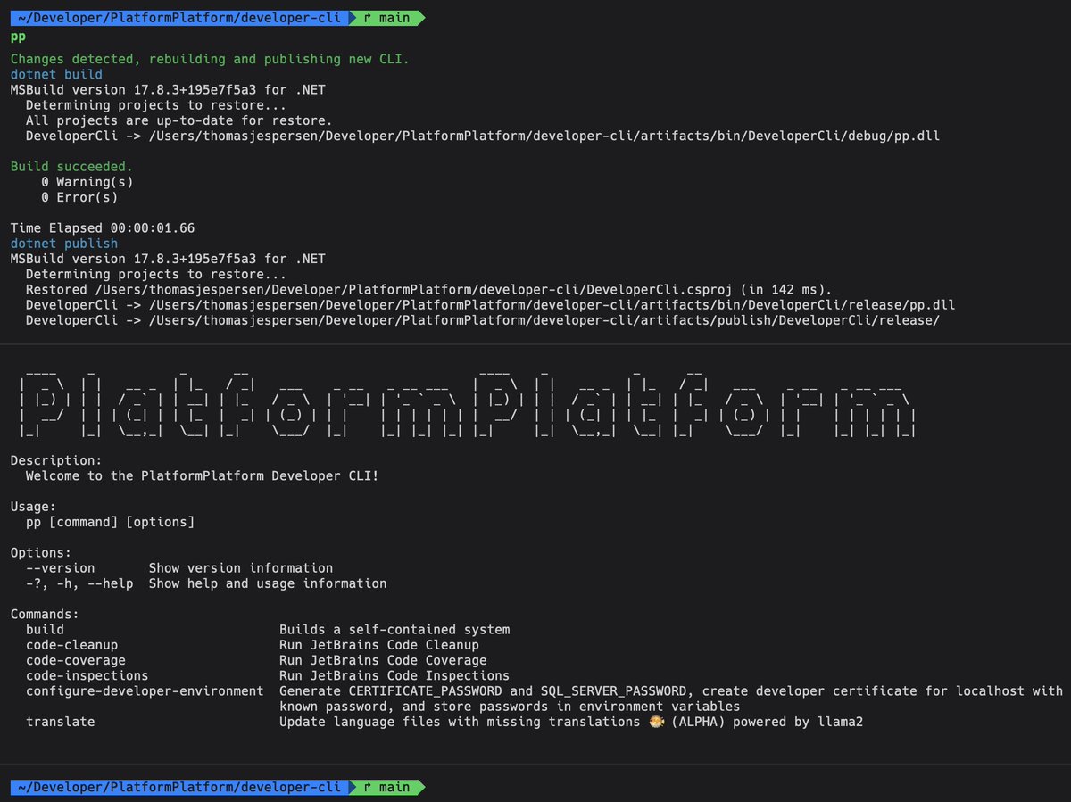 thomento's tweet photo. #platformplatform now has a CLI that can perform trivial tasks like setting up the environment, handling code hygiene tasks, etc. We've only just started.
It will auto compile the CLI if changes are detected ensuring it is easy to extend and always works with the current branch. https://t.co/id1V25xegS