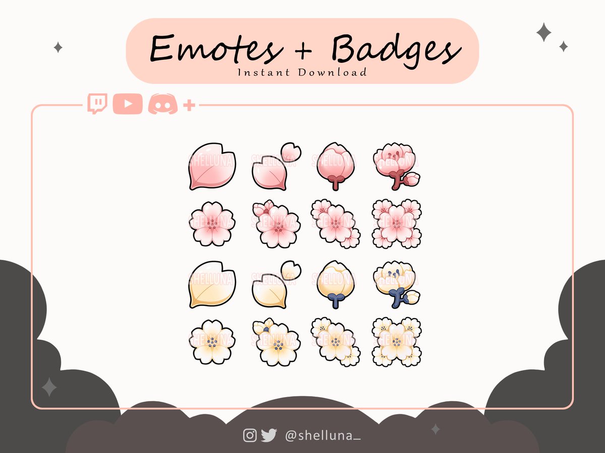 Shelluna_'s tweet image. This month is Japanese themed #emotes #badges for #twitch #YouTube #discord and more!

#sakura #flowers #cherryblossoms #shelluna #kitsune #bells