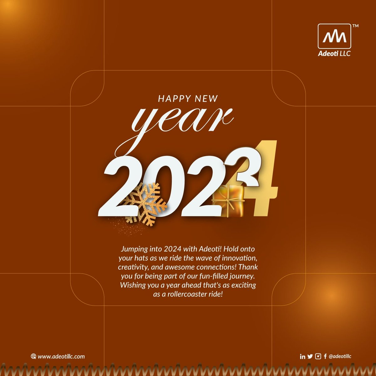 adeotillc's tweet photo. Get ready for a year of fun and innovation with Adeoti LLC! 

Huge thanks to our fantastic clients, partners, and our incredible team for making 2023 a blast. 

Here's to an even more exciting 2024 – full of creativity, laughter, and shared successes! 

#HappyNewYear https://t.co/ymais2fRn0