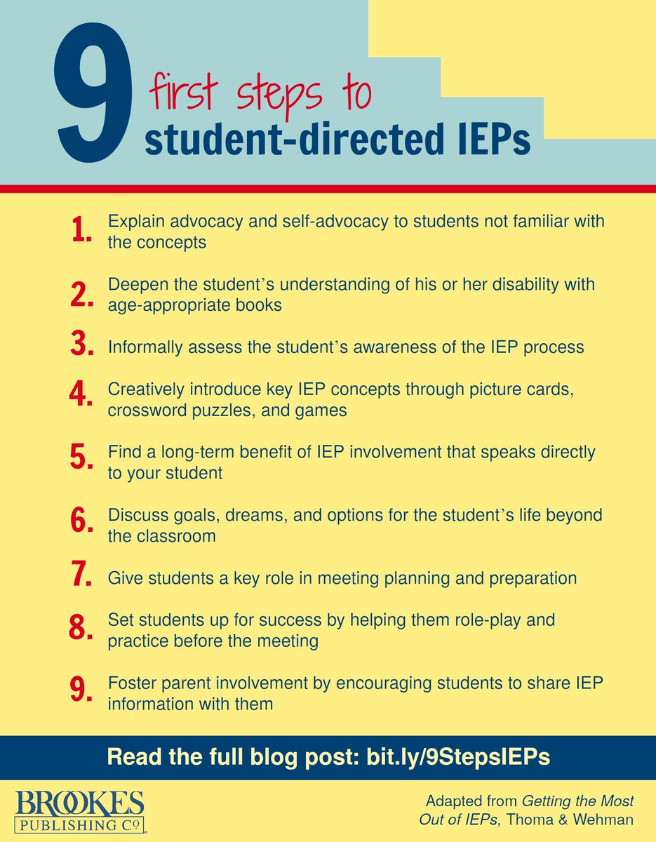 BrookesPubCo's tweet photo. 9 first steps to student-directed #IEPs. (Read the blog post here: https://t.co/TRp9VhixnP) #IEP #udlchat #coteachat https://t.co/3tk0vaEy7c