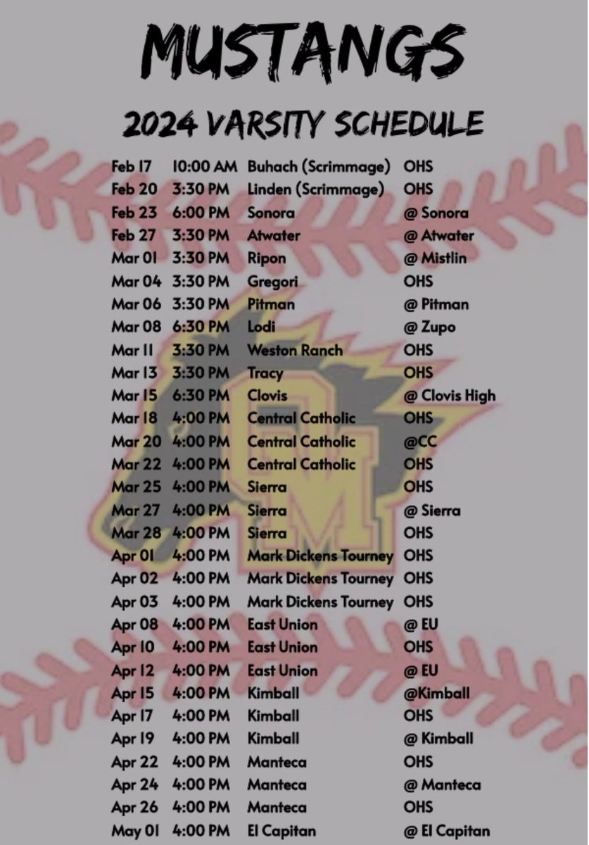 2024 Oakdale Mustangs Varsity Baseball Schedule #OakUp