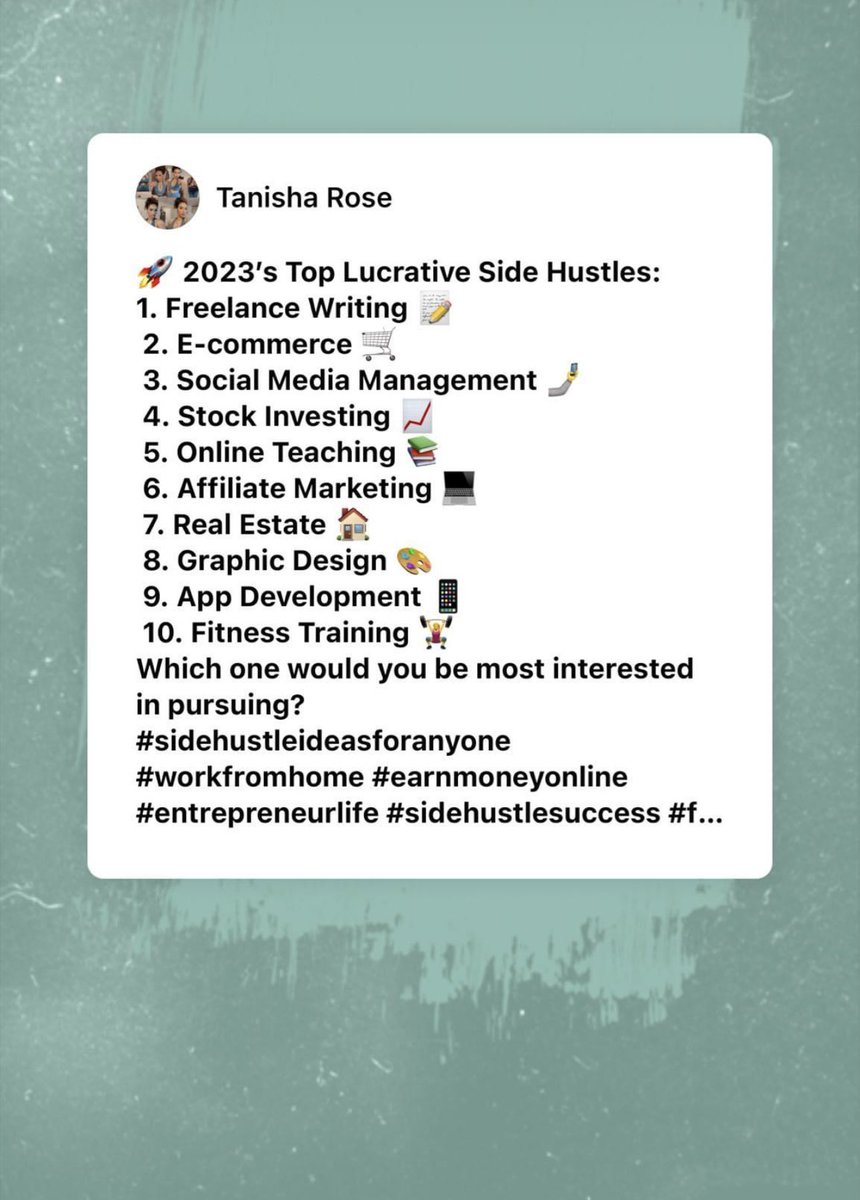 2023’s Top Lucrative #SideHustles. 💰

Which one would YOU be most interested in pursuing!? 👀

#EarnMoneyOnline #WorkFromHome  #HowToMakeMoneyOnline #SixFigureGlowup #حي_علي_الجهاد #จดหมายปรีดี