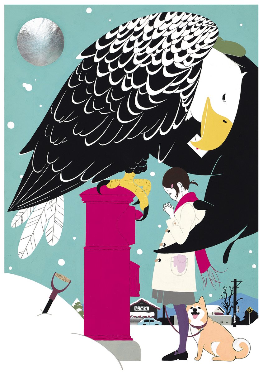 1girl bird dog scarf black footwear coat snow  illustration images