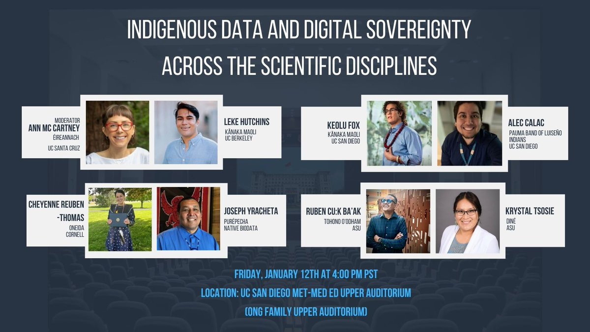kstsosie's tweet photo. Assembling scholars of diverse #data types &amp; career stages on "#Indigenous Data &amp; Digital #Sovereignty Across the Scientific Disciplines" at @UCSanDiego on Fri 1/12 @ 4 PST. Biomedicine, biodiversity, anthropology &amp; biobanking.

Sponsor @CSUSM. Students &amp; colleagues welcome! https://t.co/CRU7pUxR9w
