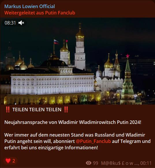 Neujahrsansprache von Wladimir Wladimirowitsch Putin 2024!
t.me/markus_lowien/…