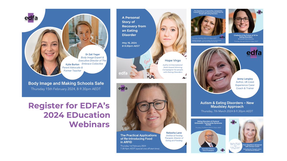 📚 Register for our 2024 EDucation Webinars 💜

Discover insights from experts in the field.

For details, visit edfa.org.au/get-involved/e….  

#EDFA #EatingDisorderEducation #Webinars2024 #EDFAMembership