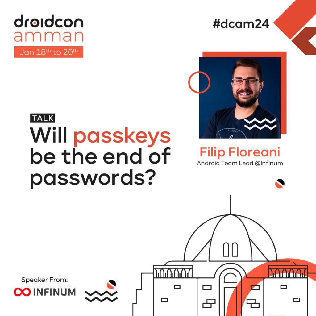 DroidconAmman's tweet photo. The question on everyone’s mind! “Will passkeys be the end of passwords?” Filip Floreani, Android Team Lead at Infinum, will discuss this question in depth at his talk at droidcon Amman 2024. Get your tickets today!
#dcam24 #droidcon #android #developer 
@FilipFloreani 
@infinum https://t.co/2SrQcb8YZ6