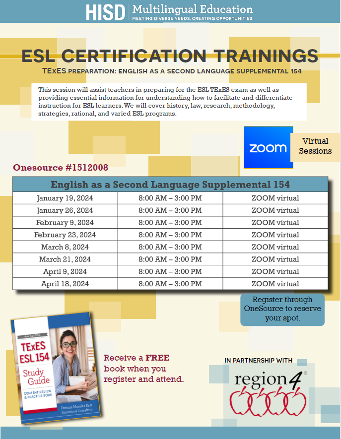 ⚠️ATTN @HoustonISD teachers📢 Do you want to get ESL certified❓ Multilingual is hosting ESL certification sessions in partnership with @Region4ESC 😯Register now to reserve your seat, space is limited!🏃‍♀️ Location🏫Virtual ZOOM OneSource💻 #1512008 Time⏰ 8:00 - 3:00PM