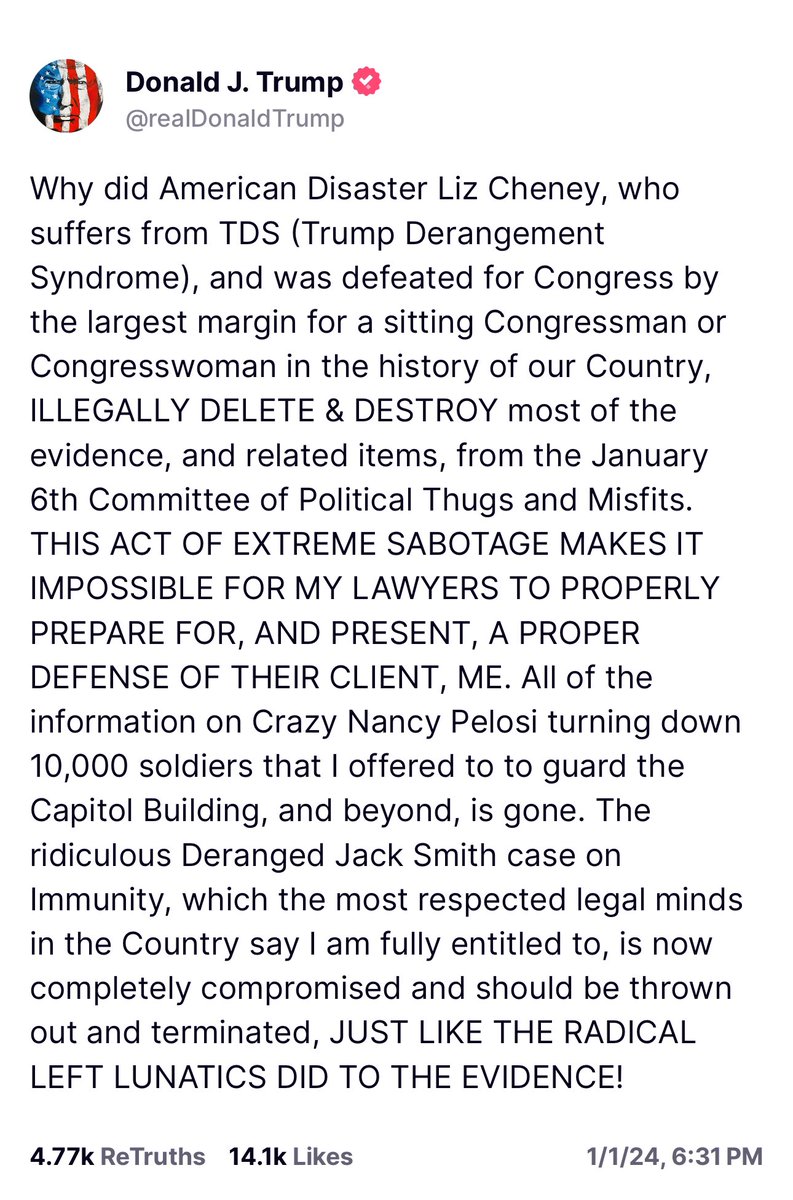 LauraLoomer's tweet photo. President Trump posted a new statement on Truth Social about the crooked, communist J6 committee.
Trump asked why @Liz_Cheney illegally deleted and destroyed J6 committee evidence.
If you recall, @LoomerUnleashed recently confronted J6 committee member @RepRaskin about why he and Liz Cheney deleted the evidence.
Raskin said “I don’t know what you’re talking about”.
Yes he does. And so does Liz. It’s well
Known that the J6 committee deleted evidence.