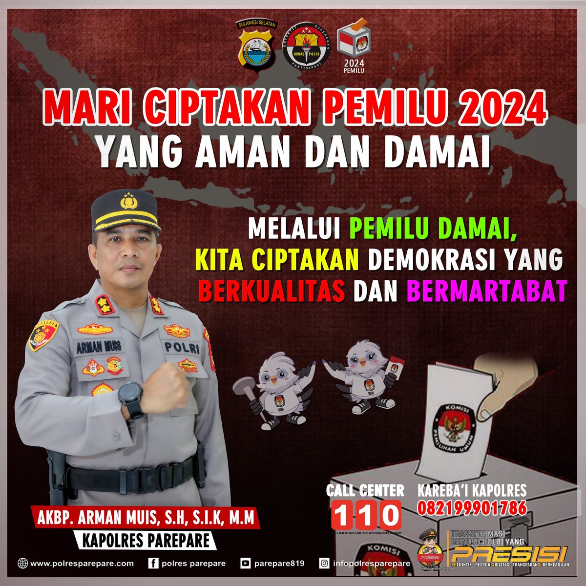 PolresToraja's tweet photo. Mari Ciptakan Pemilu 2024 yang Aman dan Damai.

Melalui Pemilu Damai Kita Ciptakan Demokrasi Yang Berkualitas dan Bermartabat.

#BersamaSukseskanPemilu2024 https://t.co/AYbuVCp63X