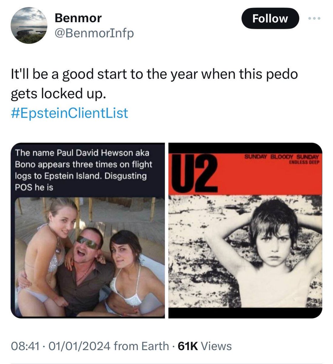Nancy023922191's tweet image. Bono on the Epstein client list. 
A young boy on the album cover.