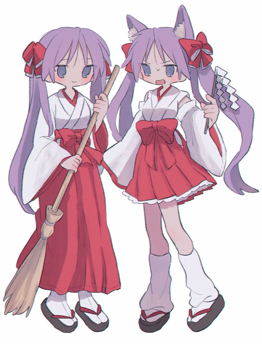 hiiragi kagami miko multiple girls 2girls japanese clothes long hair animal ears skirt  illustration images