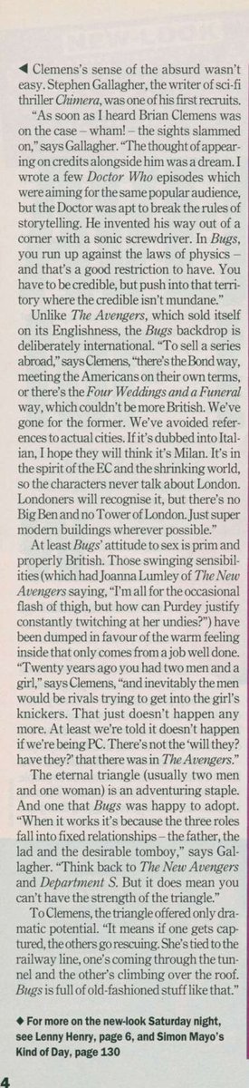 Radio Times Wednesday: from the week of 1st of April 1995, an article about Brian Clemens new show BUGS with the article stating 'Avengers for the 90s'. #RadioTimes #BBC #BrianClemens #TheAvengers