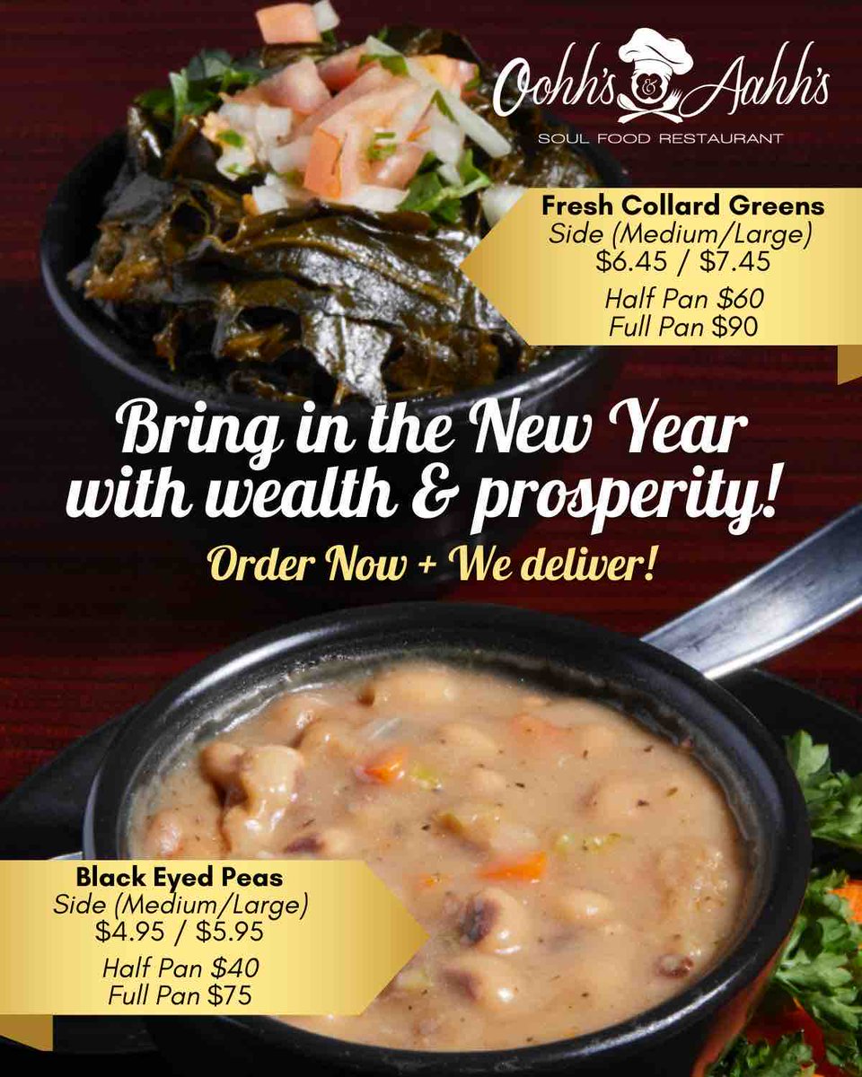 Step into 2024 with our New Year’s Day Special including Black-Eyed Peas and Fresh Collard Greens! 🎉 Savor the celebration on your plate, promising good fortune and fresh beginnings. 🤩🥂 Order now at Oohhsnaahhs.com! 🔥

#oohhsnaahhs #collardgreens #blackeyedpeas