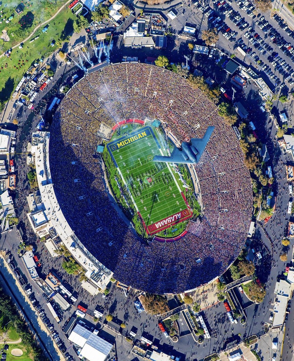 Stealth Bomber over Rose Bowl taken by helicopter today from Michigan Sky Media out of Traverse City.
