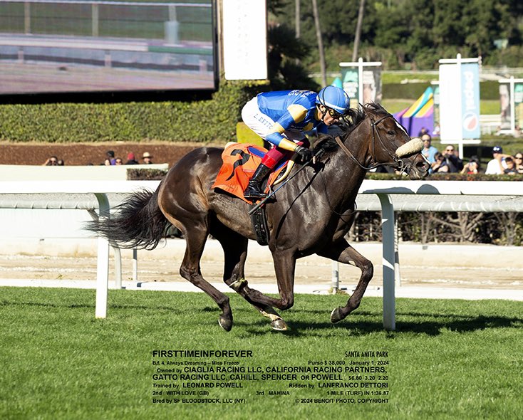 Leopowellracing's tweet photo. Firsttimeinforever ❄️☃️ starts 2024 on a winning note, proving best @santaanitapark under @FrankieDettori  Congrats to @CaRacingPartner @GattoRacingLLC @JoeCiaglia This daughter of @WinStarFarm Always Dreaming was bred #SFBloodstock. Thanks all involved and Happy New Year https://t.co/NXhIrRHaO5