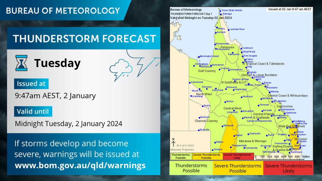 ⛈️ Thunderstorm forecast for today (Tues 2/1/24): A severe weather warning for heavy to intense rainfall and flashing flooding is current in southeast #QLD. Severe thunderstorms with damaging winds are possible in the southwest. Current warnings here: ow.ly/r5Iq50QmUiK