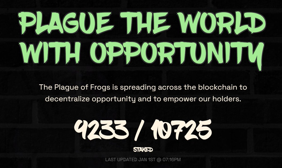 🚨New ATH for <a href="/ThePlagueNFT/">The Plague Of Frogs 🐸</a>  staked🚨

I think the window of your ability to own a frog is closing quick! 

Take 3 min and read <a href="/Pons_ETH/">Pons Asinorum</a> post below. If this does not convince you to get a frog then please revisit in 3 months when we price out 80% of the ppl in this market.