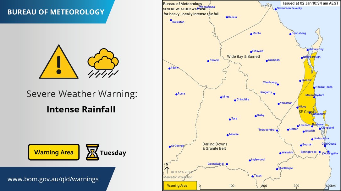 ⚠️🌧️Severe Weather Warning for HEAVY to LOCALLY INTENSE RAINFALL with a risk of FLASH FLOODING continues in #SEQld for areas north of Brisbane, especially around the #SunshineCoast region. The risk has now eased for #GoldCoast & #ScenicRim regions. ow.ly/eUuv50QmUmG