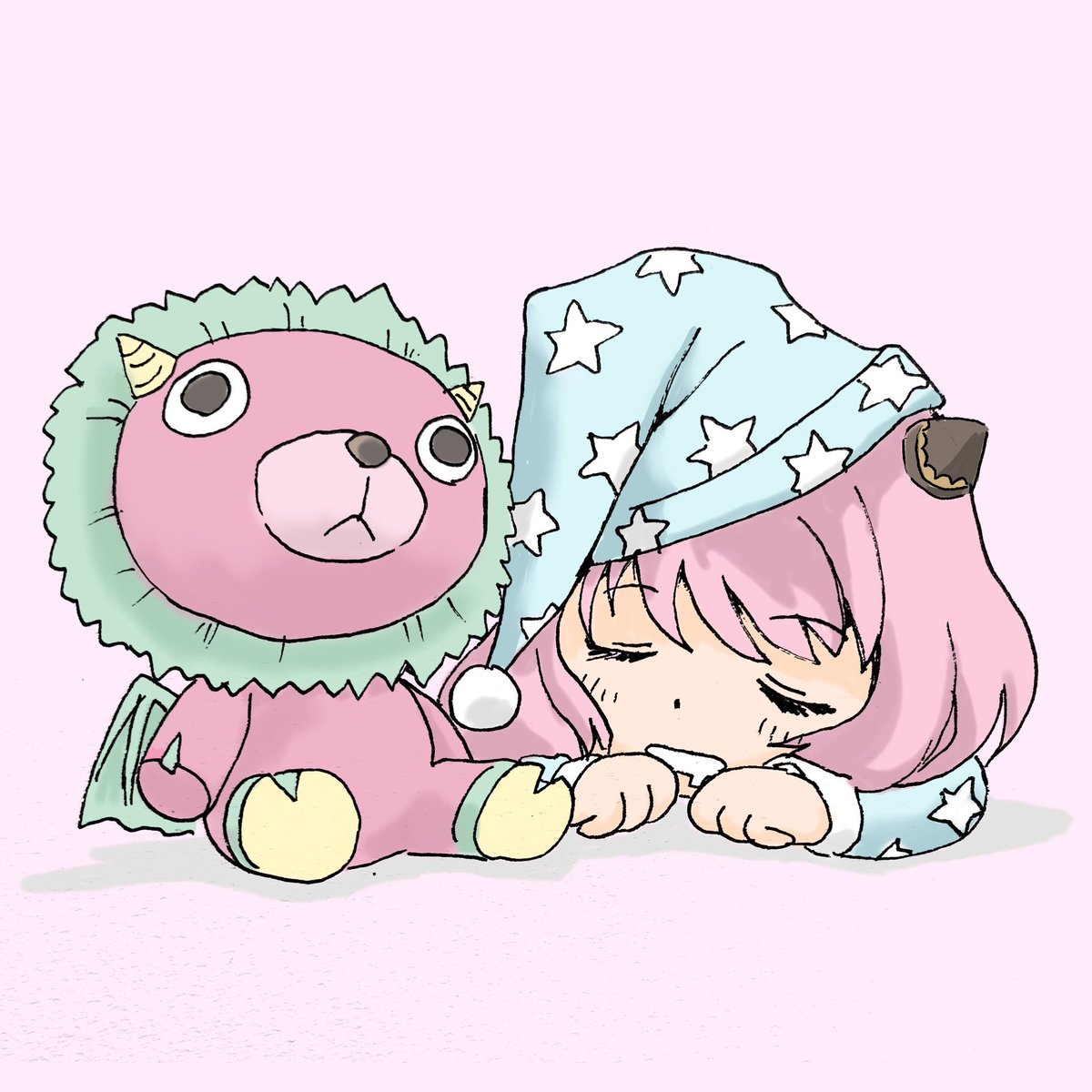 anya (spy x family) 1girl female child pink hair sleeping hat stuffed toy child  illustration images