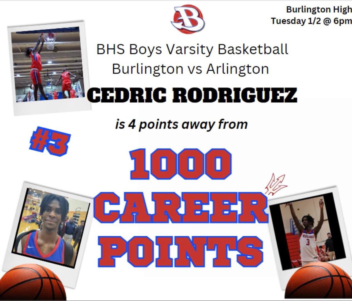 bhsdevilbooster's tweet photo. Tomorrow 1/2 is a big night for our Boys Basketball Captian Cedric Rodriguez!! 

Come and join the excitement as he crosses the 1000 point milestone🎉🎉🎉🥳🥳🥳

Game starts at 6pm at BHS gym. 
$5 students/senior citizens
$7 adults

Concessions will be open! https://t.co/oREJNIWpp2