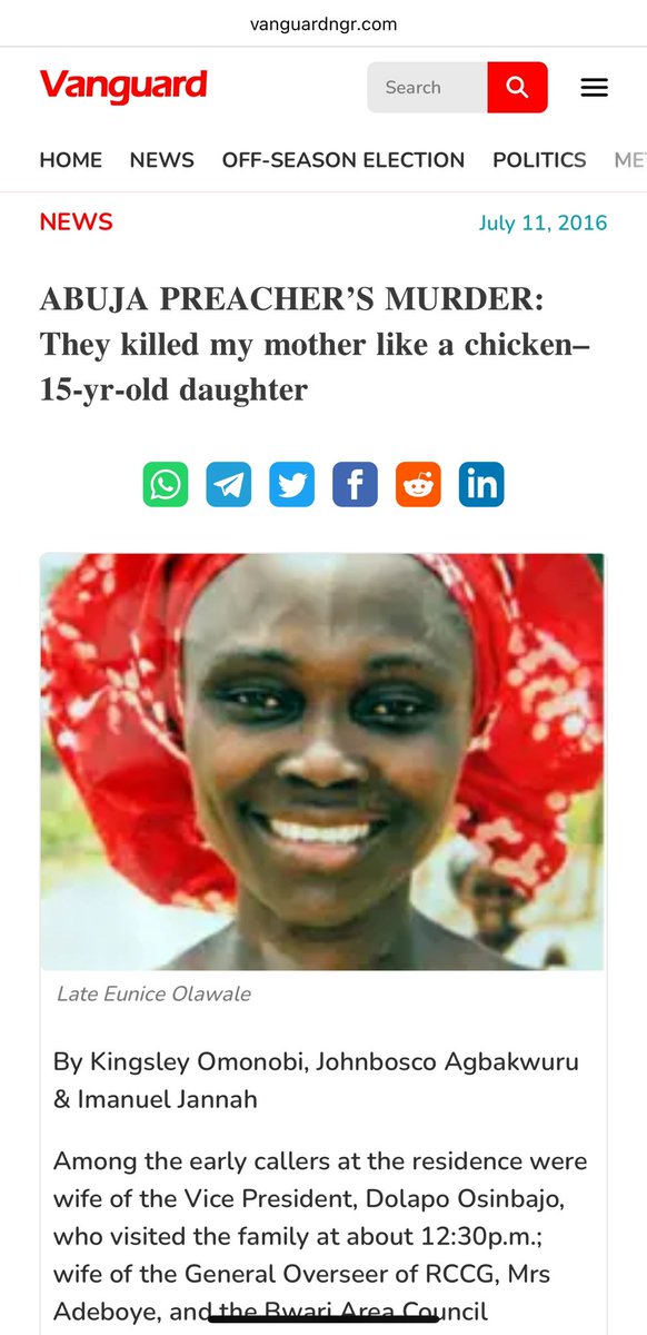 General_Oluchi's tweet image. Oh! Here’s another one, since you guys are on a gaslighting mission!

On July 9th 2016,  Mrs Eunice Olawale was murdered at about 5:30a.m as she went for early morning preaching (Morning Cry) close to her residence. 

Her throat was slit, with her head rested on the bible she…