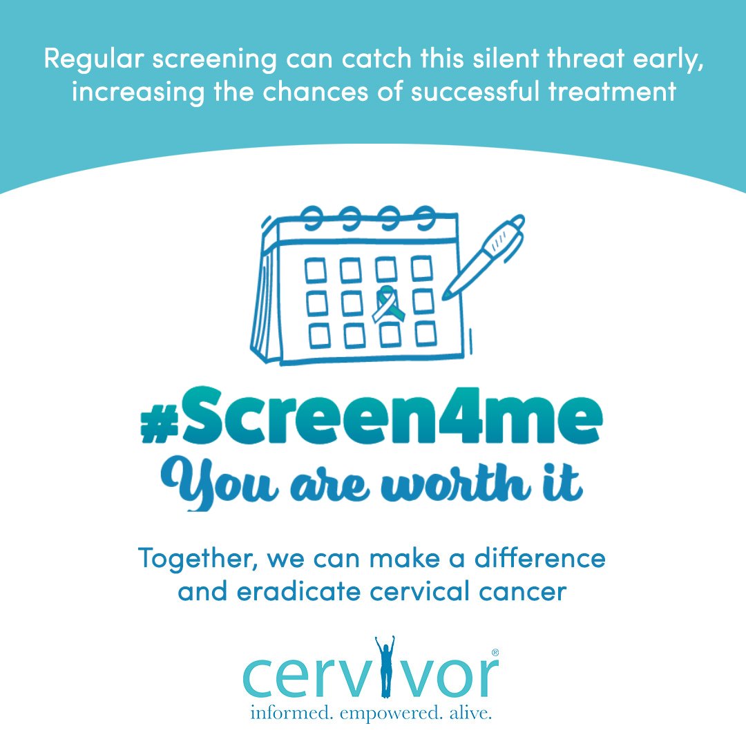 IamCervivor's tweet photo. Make your health a priority this Cervical Cancer Awareness Month. Join the #Screen4Me campaign to encourage screenings for #cervicalcancer. Early detection saves lives. Let's take action together! ๐ชLearn more about this campaign at https://t.co/6rA9a01eTM #Cervivor #GYNCSM https://t.co/0cq6Cv4lYI