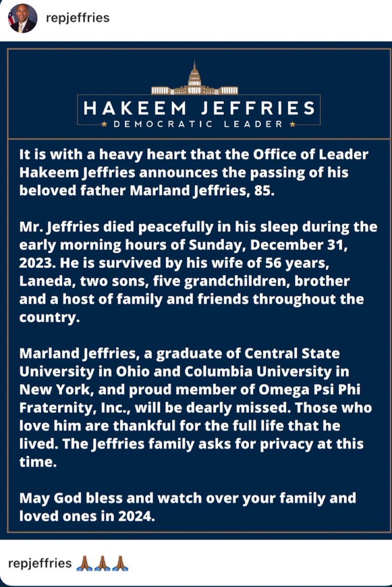 Please accept my sincere condolences, Leader Jeffries. Prayers to the whole family.